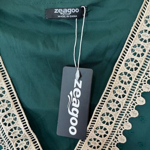 Zeagoo Teal Blouse with Beige Lace Detail - Picture 5 of 10